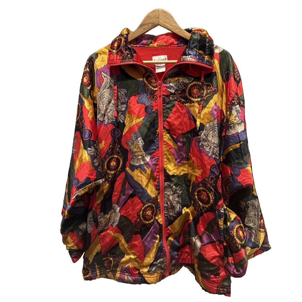Vintage 90's Satin Windbreaker Jacket Large Zip Up Bold Artistic Bright Abstract